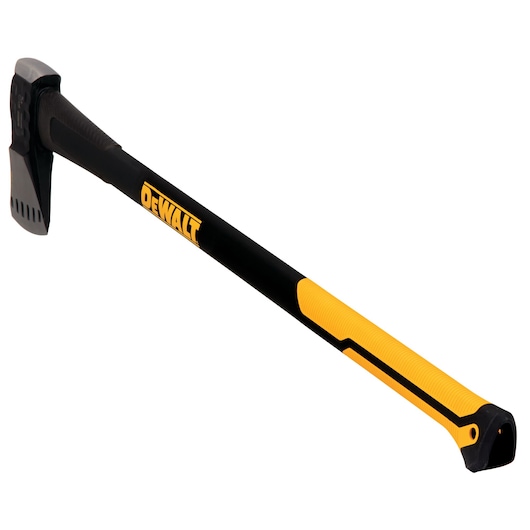 DEWALT axe with black and yellow handle and steel head on white background.
