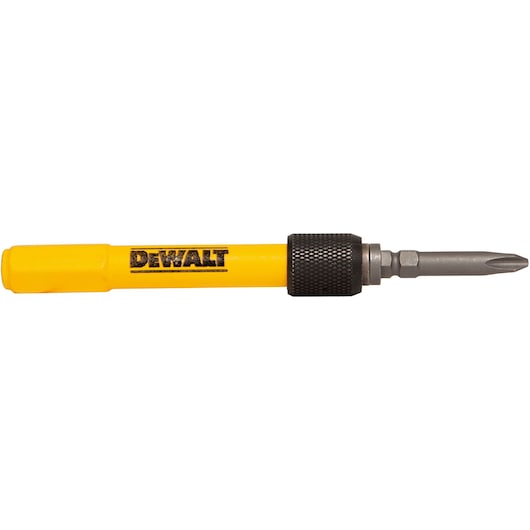 DEWALT yellow screwdriver with black grip and metal bit, shown on white background.