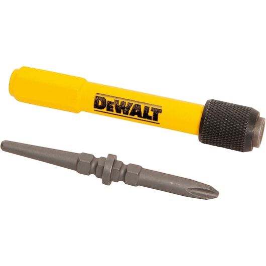 DEWALT yellow screwdriver bit holder with a metal bit, both lying side by side on a white background.