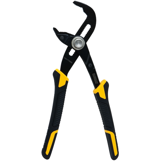 DEWALT adjustable groove joint pliers with black and yellow grip handles, used for gripping and turning objects.