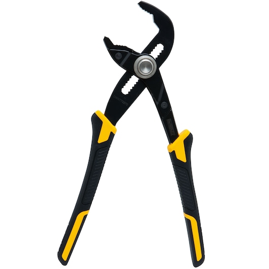 DEWALT adjustable groove joint pliers with black and yellow handles, used for gripping and turning objects.