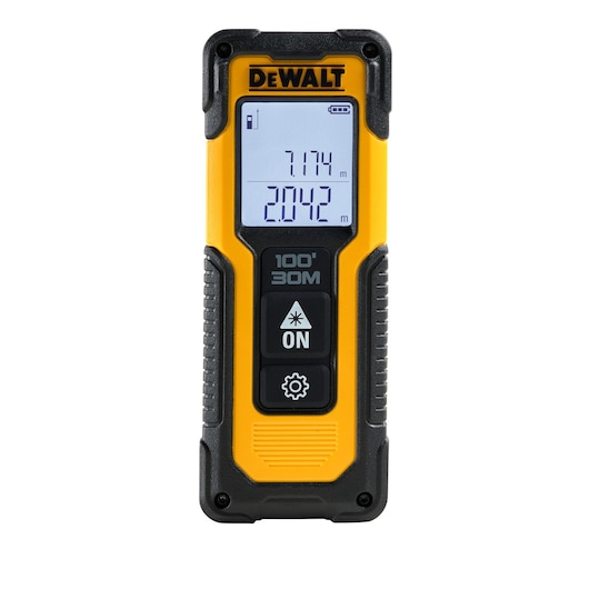 DEWALT laser distance measurer with digital screen and buttons, measuring up to 30 meters.