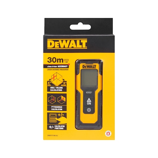 DEWALT DWHT77100 laser distance measurer in yellow and black packaging, with 30m range and calculator functions.