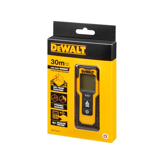 DEWALT DWHT77100 laser distance measurer in yellow-black packaging, range of 30m and area calculation.
