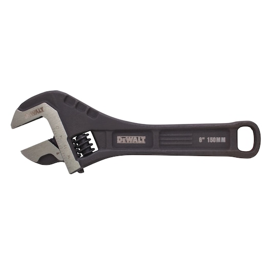 DEWALT adjustable wrench, black handle, 6 inch / 150 mm markings, metal jaw, tool for tightening and loosening.