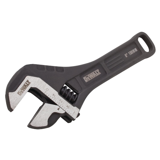 DEWALT adjustable wrench with black handle and measurement marks, 6 inches (150mm).