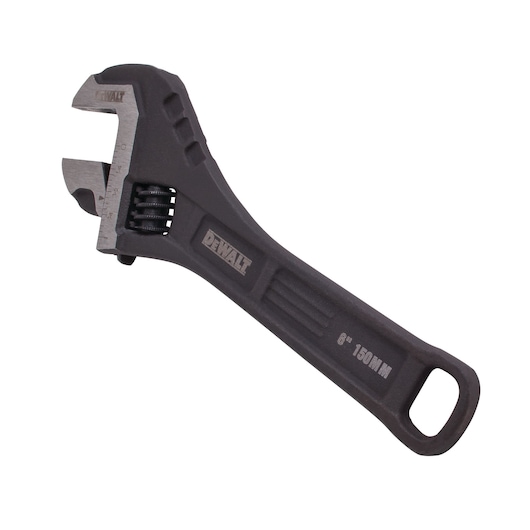 DEWALT adjustable wrench, black, 6-inch (150mm) with open jaw and handle hole.
