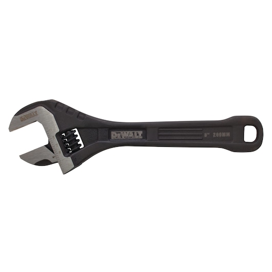 DEWALT adjustable wrench, metal and black, 8-inch size, with a hole in the handle for hanging.