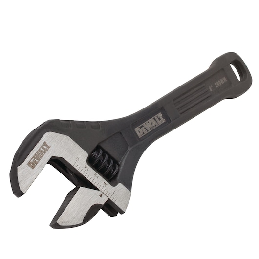 DEWALT adjustable wrench with black handle and metal jaw, suitable for various fastening tasks.