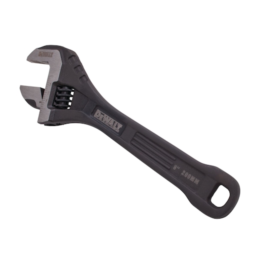 DEWALT adjustable wrench with black handle and silver jaws, shown against a white background.