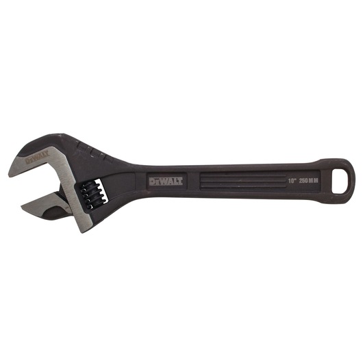 DEWALT adjustable wrench with black handle and silver jaw, shown on a white background.