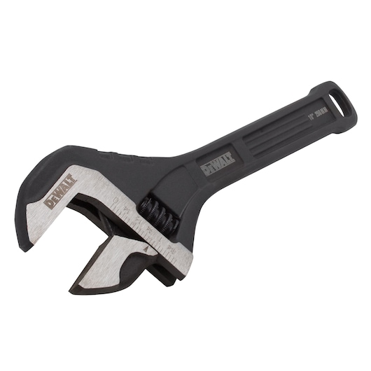 DEWALT adjustable wrench in black and silver, shown isolated on a white background.