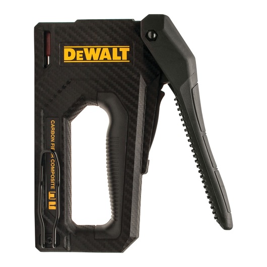 DEWALT carbon fiber composite hand stapler with ergonomic handle and black finish, shown from the side.
