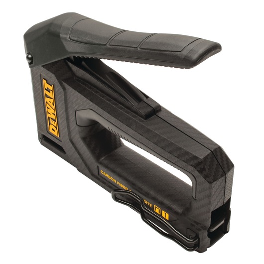 DEWALT carbon fiber hand stapler with ergonomic handle. Black and yellow design, sturdy for site use.