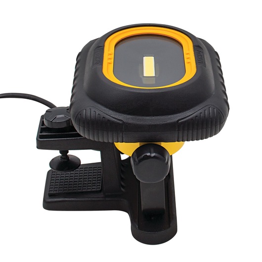 A DEWALT portable LED work light with a clamp base, featuring a black and yellow rugged design.