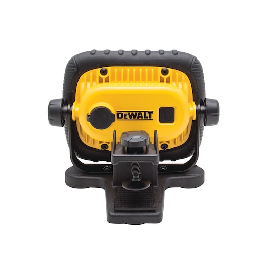 Front view of a DEWALT portable LED work light with a yellow and black casing, mounted on a black adjustable base.