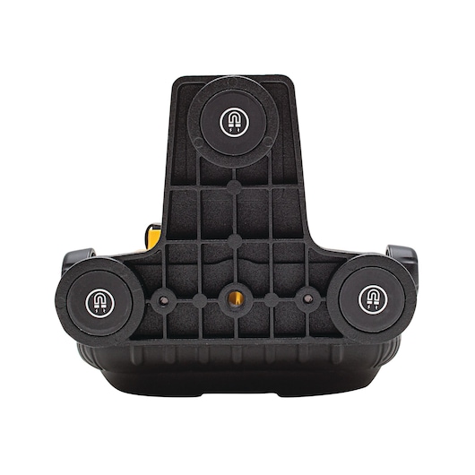 Bottom view of a DEWALT photography accessory showing three round magnetic pads and a threaded mounting hole on a black plastic base.