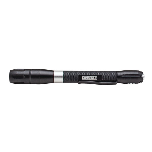 A black and silver DEWALT pen-shaped flashlight with a textured grip and pocket clip, placed against a white background.
