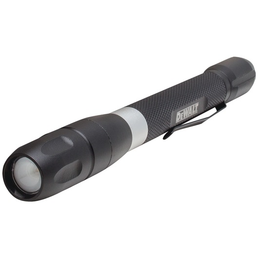 A DEWALT branded slim, black flashlight with a textured grip and a pocket clip, shown against a white background.