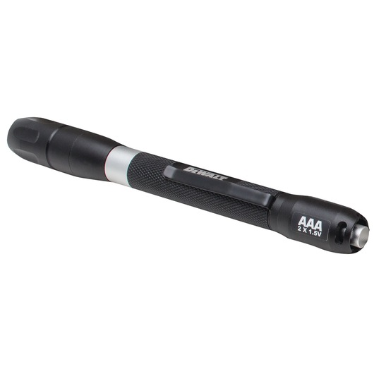 A DEWALT black handheld penlight flashlight with textured grip, pocket clip, and indication for use of two AAA batteries, model DWHT81425-0.