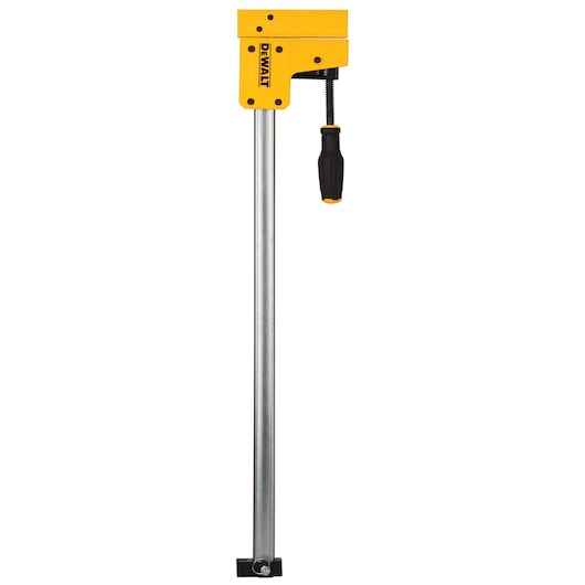DEWALT bar clamp with yellow body, black handle, and metal bar for woodworking or construction tasks.
