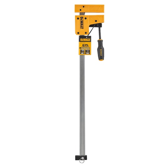 DEWALT bar clamp with yellow jaws, metal bar, and black handle for woodworking or clamping tasks.