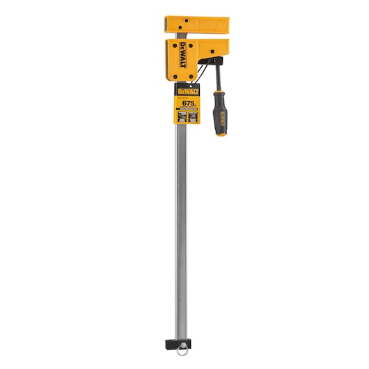 DEWALT DWHT83831-1 clamp with yellow and black handle and long metal bar for securing workpieces.