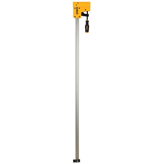 DEWALT bar clamp with yellow head and black handle, designed for woodworking or metalworking tasks.