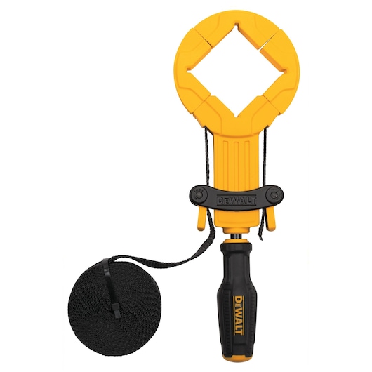 DEWALT yellow and black photography clamp tool with square clamp and attached black rope.