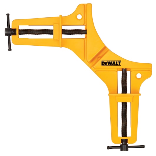 DEWALT yellow corner clamp with metal screws, used for woodworking and securing frames firmly.