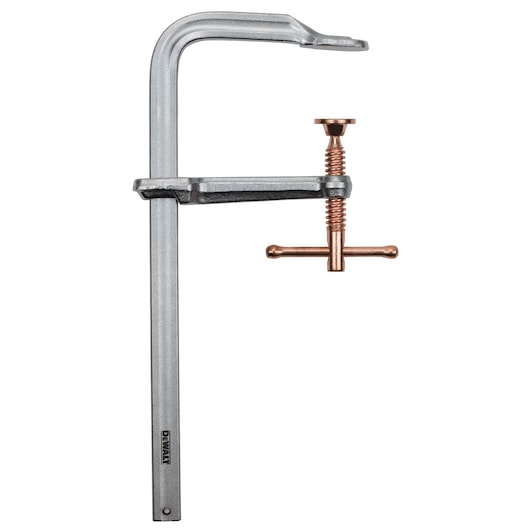DEWALT F-clamp with metal frame and copper screw, used for securing materials during work.