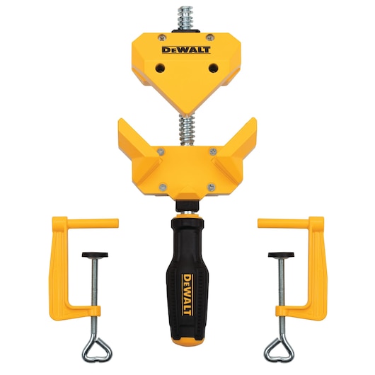 DEWALT yellow and black corner clamp with two adjustable brackets for woodworking tasks.