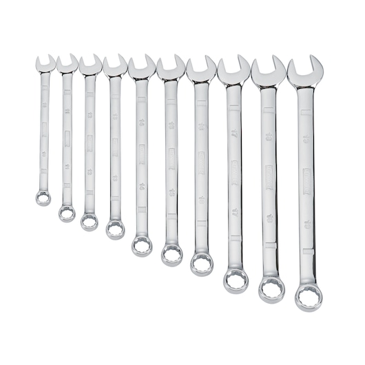 Set of ten metal combination wrenches in various sizes, arranged side by side on a white background.