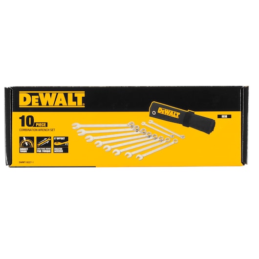 DEWALT 10-piece combination wrench set in a black and yellow box, shown with storage pouch.