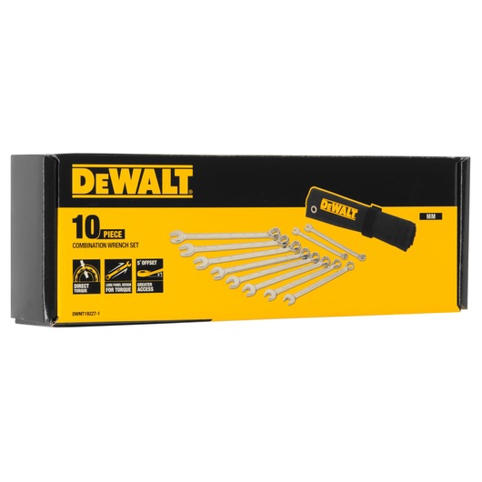 DEWALT 10-piece combination wrench set in yellow and black box, includes wrenches and a storage pouch.
