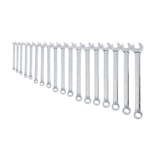 Set of 20 DEWALT combination wrenches arranged in size order on a white background.