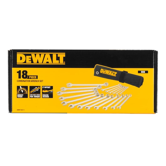 DEWALT 18-piece combination wrench set in yellow and black box with tool roll and wrench images.