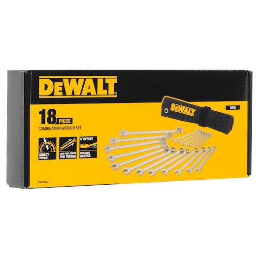 DEWALT 18-piece combination wrench set box, yellow and black, includes wrenches and roll-up pouch.