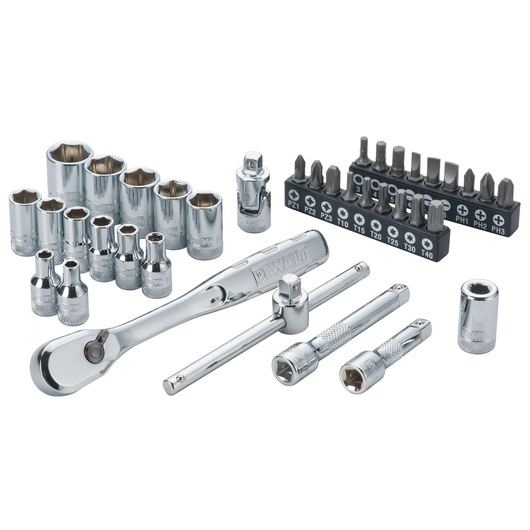 DEWALT ratchet set with sockets, bits, extensions and accessories arranged on white background.