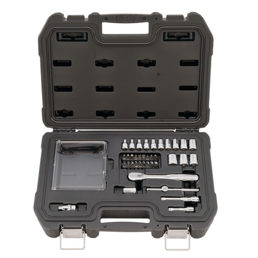 Black DEWALT tool case open with sockets, ratchet, bits, and extensions organized inside.