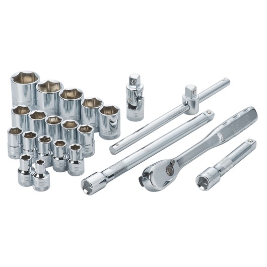 DEWALT chrome socket wrench set with various sizes and extensions on a white background.