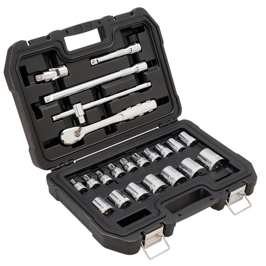 A DEWALT socket and ratchet tool set in a black hard case, containing various sockets and attachments.