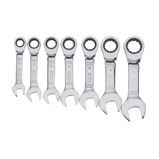 Set of seven DEWALT ratcheting combination wrenches, arranged in size order on a white background.