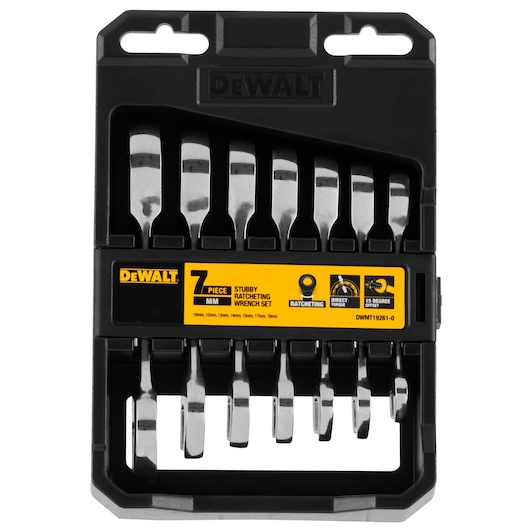 DEWALT 7-piece stubby ratcheting wrench set in black and yellow plastic case.
