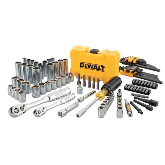 DEWALT tool set with sockets, ratchets, screwdriver, bits, and yellow storage case arranged on a white background.