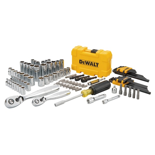 DEWALT socket and tool set with ratchets, bits, screwdrivers, hex keys, and yellow carrying case displayed.