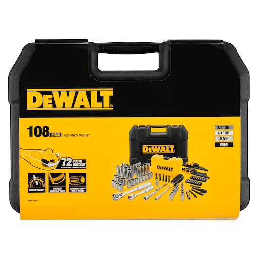 DEWALT mechanics tool set with 108 pieces in a black and yellow carrying case, tools displayed in front.