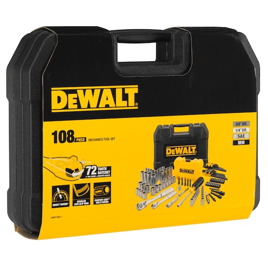 DEWALT 108-piece mechanics tool set in a black and yellow carrying case, with sockets and ratchets displayed.