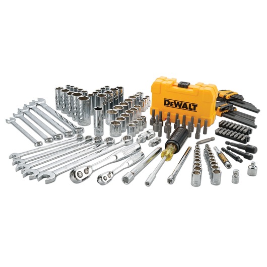 DEWALT tool set with wrenches, sockets, ratchets, screwdriver and bits, arranged by a yellow DEWALT case.
