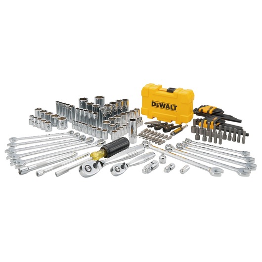 DEWALT tool set with wrenches, sockets, bits, ratchets and a yellow case displayed on a white background.